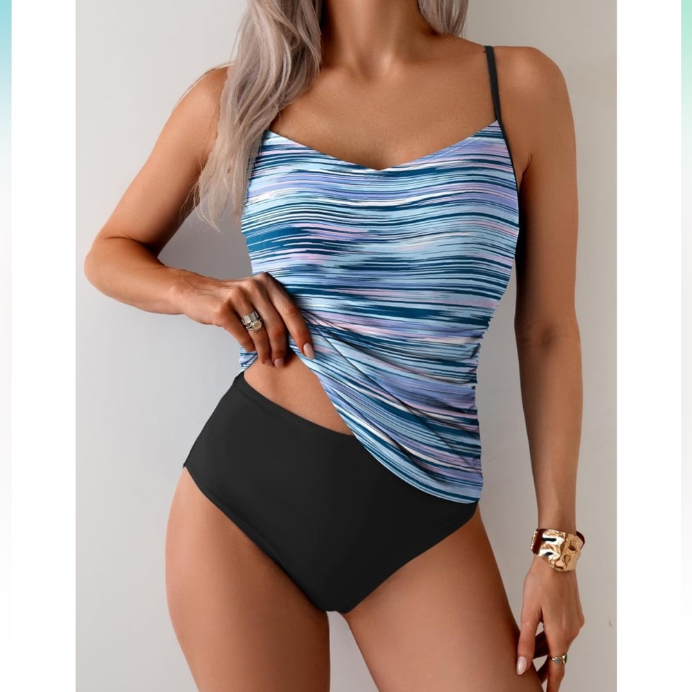 Eomenie Tankini Swimsuit L 12-14 blue striped Tummy Control Slimming High Waist